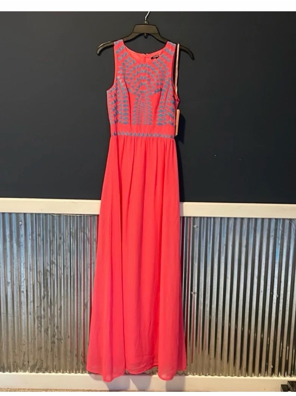 Gianni Bini Coral Maxi Dress with Blue Embroidery